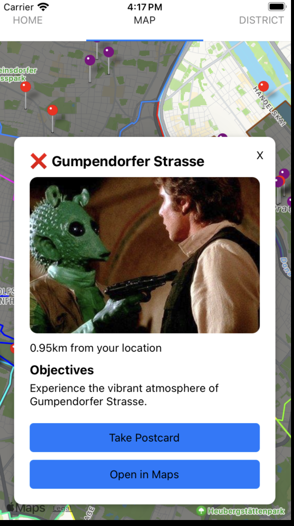 Start a quest screen showing map of Vienna